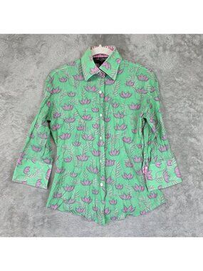 Liz Logie Button Up Shirt Womens 4 Green Floral 3/4 Sleeve Cotton Made In USA